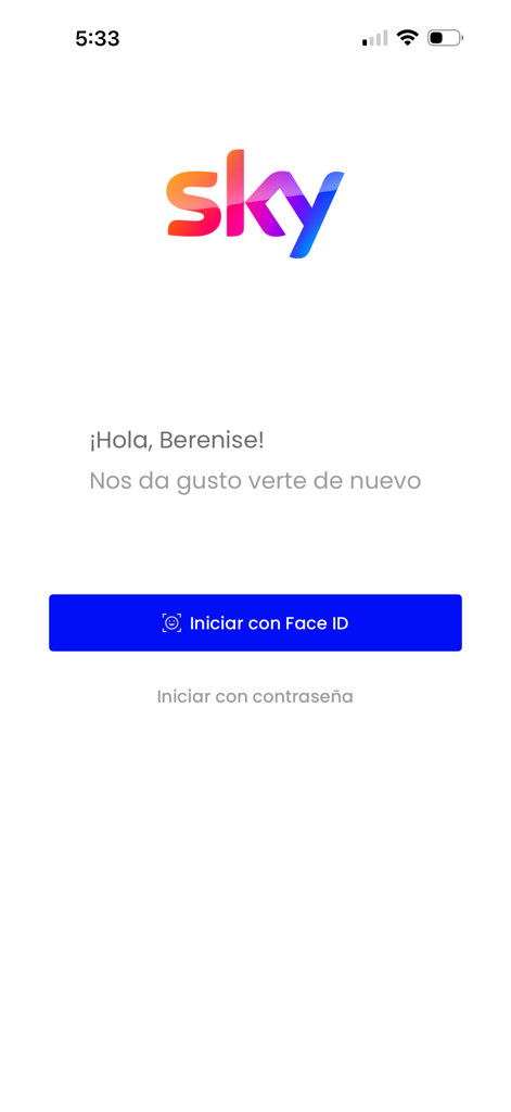Interfaz de inicio de sesión de Mi App Sky mostrando un mensaje de bienvenida y la opción de inicio de sesión Face ID