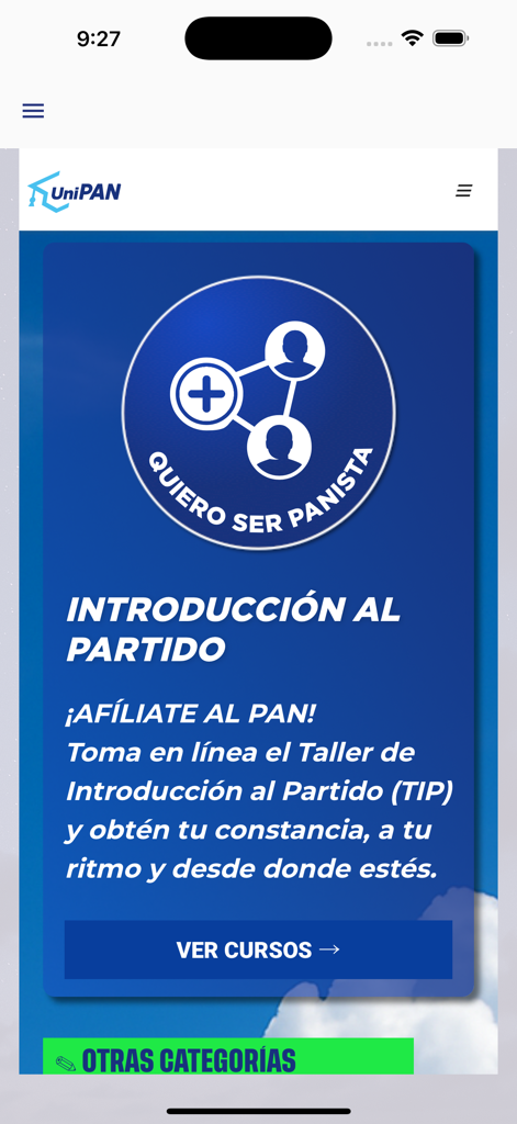 Partido Accion Nacional - Écran de l'application mobile pour UniPAN montrant des cours d'affiliation au parti et un bouton pour voir les ateliers