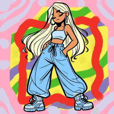 girl in baggy pants crop top and long hair