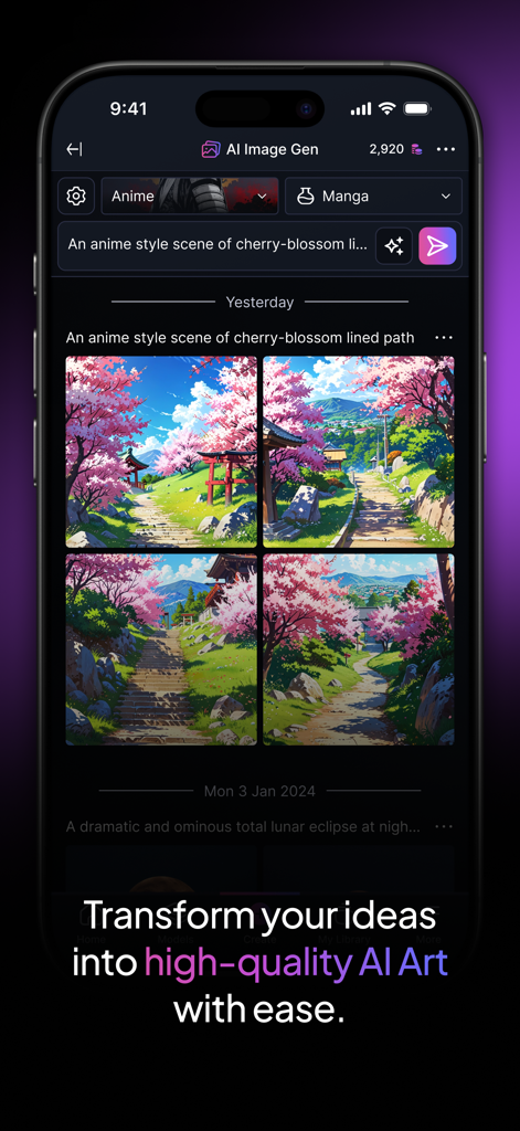 Interface de l'application mobile Leonardo.Ai affichant quatre images de style anime de fleurs de cerisier générées à partir d'une invite textuelle