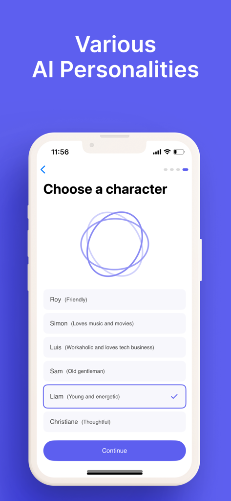 PolyPal English: Speak AI Chat - PolyPal English app screen for choosing an AI character with different personalities for speaking practice