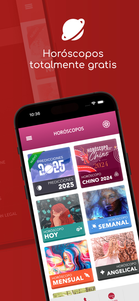Tarot Alicia Galván - Interfaz de la aplicación Tarot Alicia Galvan mostrando diferentes categorías de horóscopo, incluyendo horóscopos diarios, semanales y chinos en español.