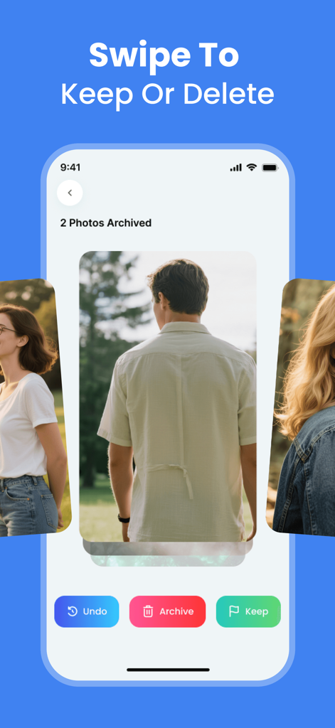 Cleaner AI - Free Up Storage - Cleaner AI app interface showing the swipe to keep or delete photos feature for storage management