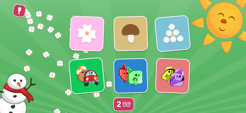 Memory Game - 2-4 year olds - A colorful memory game interface for kids featuring matching cards with cute characters and shapes on a green background