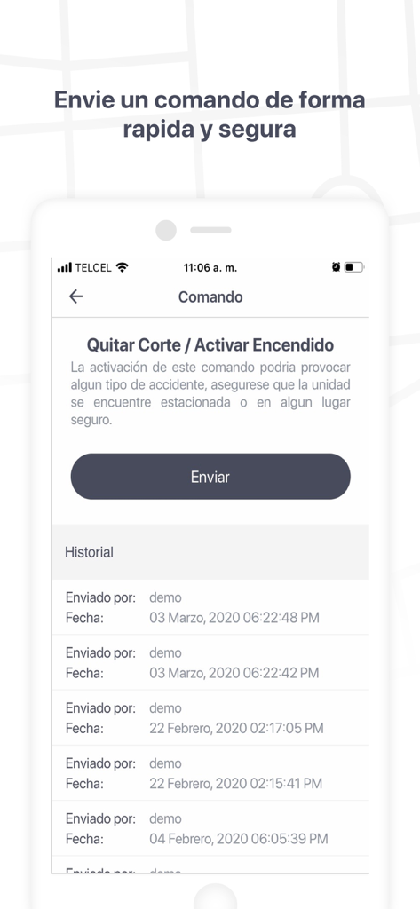 Eztrack - Eztrack-App-Oberfläche zum Senden von Fernbefehlen für Fahrzeuge und zur Anzeige des Aktivitätsverlaufs