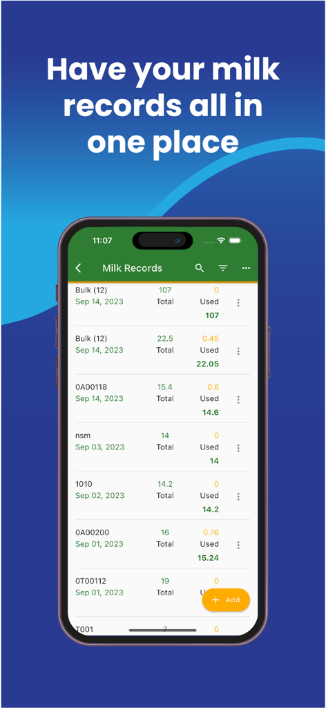 Mobile App-Oberfläche mit täglichen Milchproduktionsaufzeichnungen und Gesamtsummen