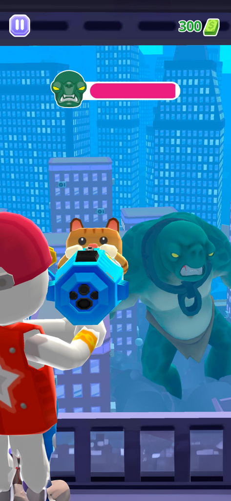 Heli Monsters - Giant Hunter - Ein Spieler zielt mit einer futuristischen blauen Waffe auf ein riesiges grünes Monster in einer städtischen Umgebung in Heli Monsters.