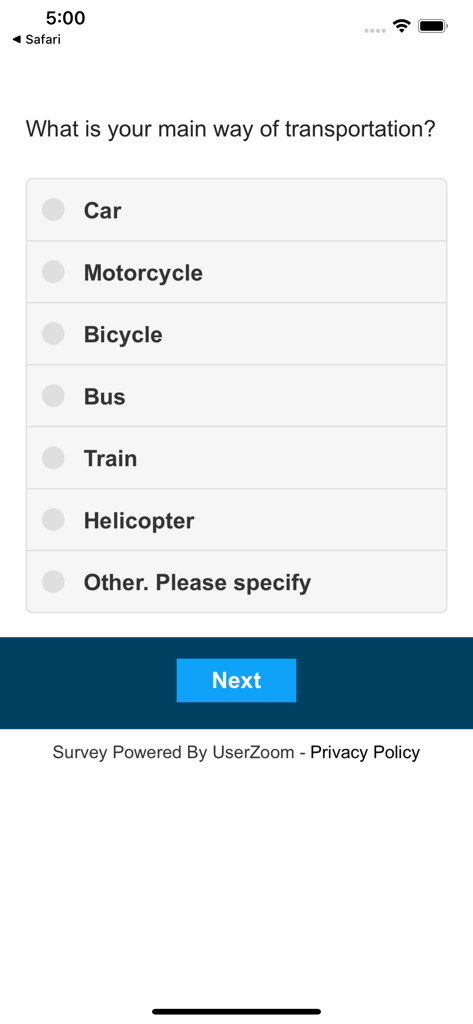 A mobile survey screen asking for the user's main way of transportation with multiple-choice options.
