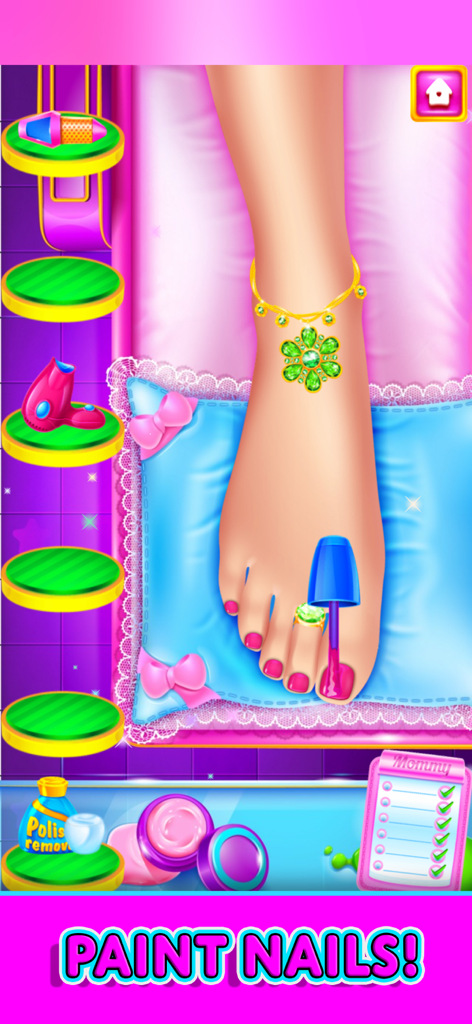 Una pantalla de juego de pedicura donde se aplica esmalte de uñas rosa a un pie sobre una almohada azul.