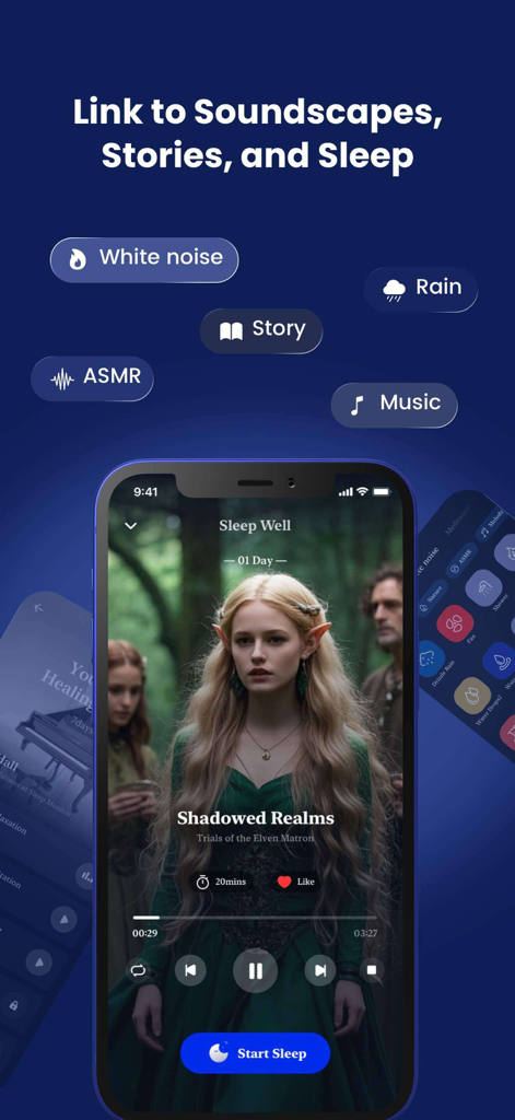Mobile phone screen of the Sleep Monitor app displaying a sleep story titled Shadowed Realms with options for white noise, rain, and ASMR.