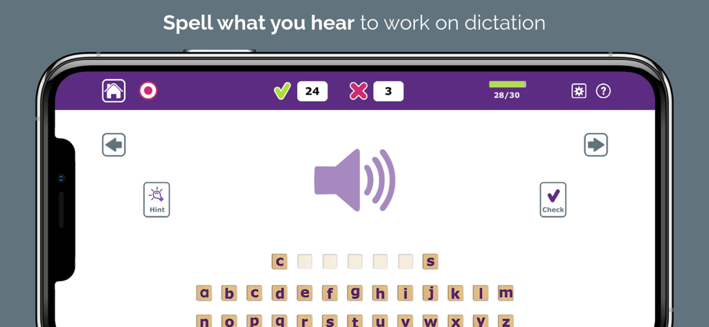 Writing Therapy - Interface of Writing Therapy app showing a dictation exercise with a speaker icon and letter tiles for adult spelling practice