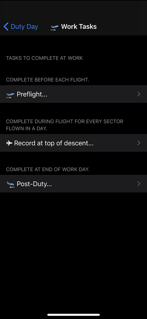 NASA PVT+ - A list of aviation work tasks in the NASA PVT plus app including preflight and post duty checks