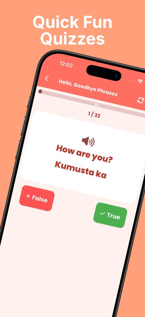 Captura de tela de um aplicativo móvel mostrando um quiz de idioma tagalo com a frase Kumusta ka e botões Verdadeiro ou Falso.
