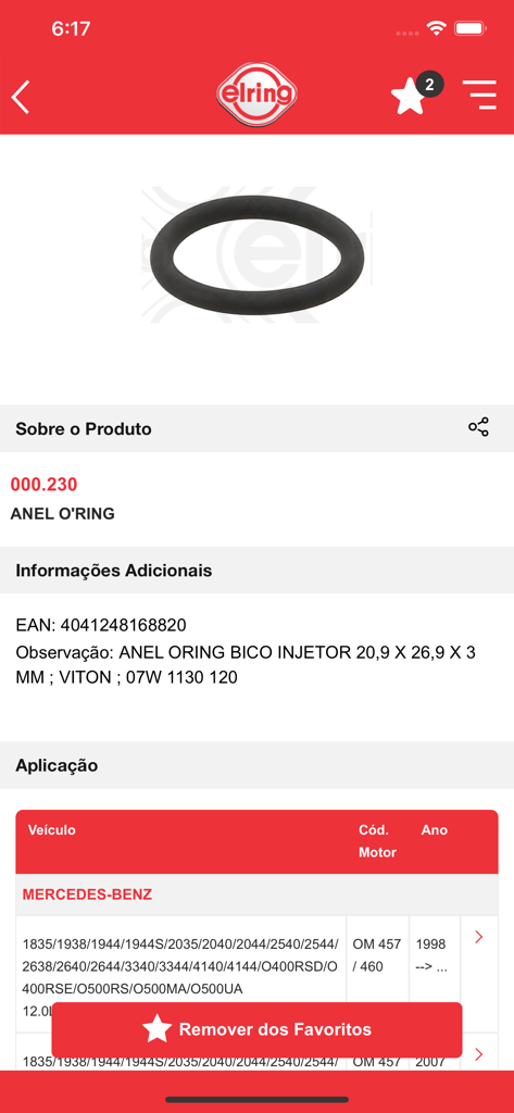 Catálogo Elring - Das Original - Screenshot dell'app del catalogo Elring che mostra le specifiche del prodotto per un O-ring utilizzato nei veicoli Mercedes-Benz.