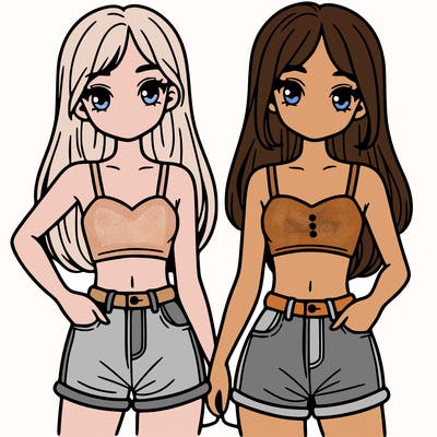 two sisters with crop tops and jean shorts and straight hair