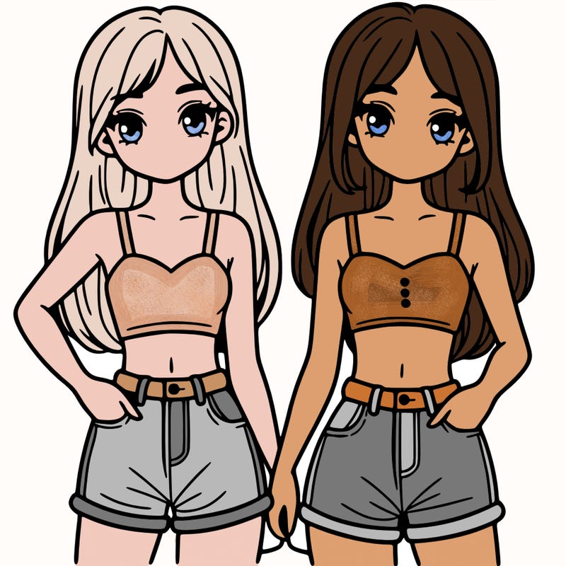 two sisters with crop tops and jean shorts and straight hair