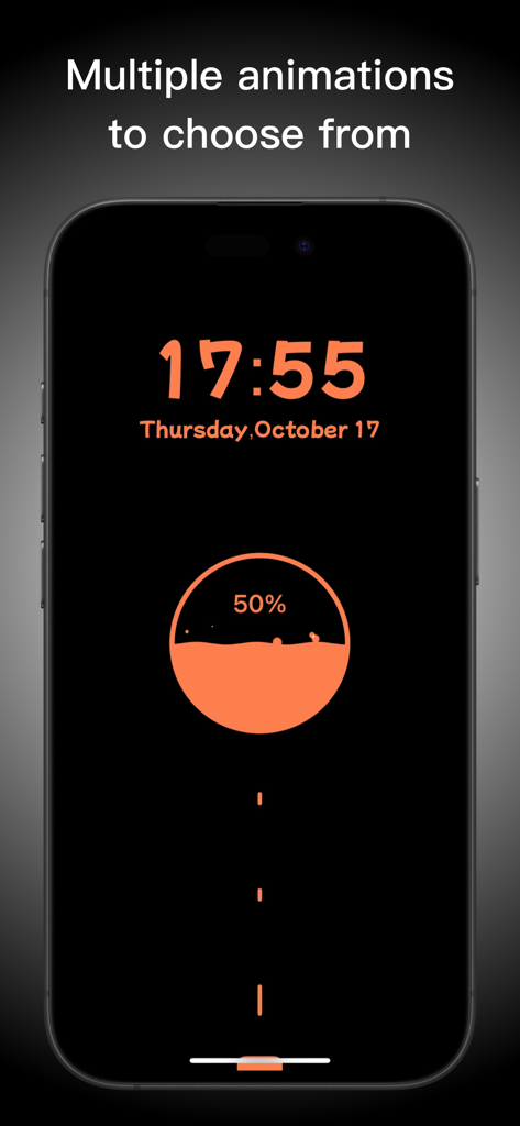 Charging Animation Lite - Uma tela de iPhone exibindo uma animação de carregamento de líquido laranja personalizada com 50 por cento de bateria