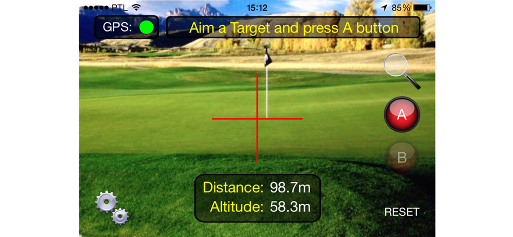 Interface do aplicativo Range-Finder mostrando medição de distância e altitude GPS em um green de golfe