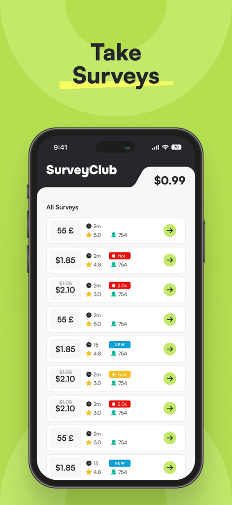 Survey Club - Survey Club mobile app interface showing a list of available surveys with real cash payouts and estimated completion times.
