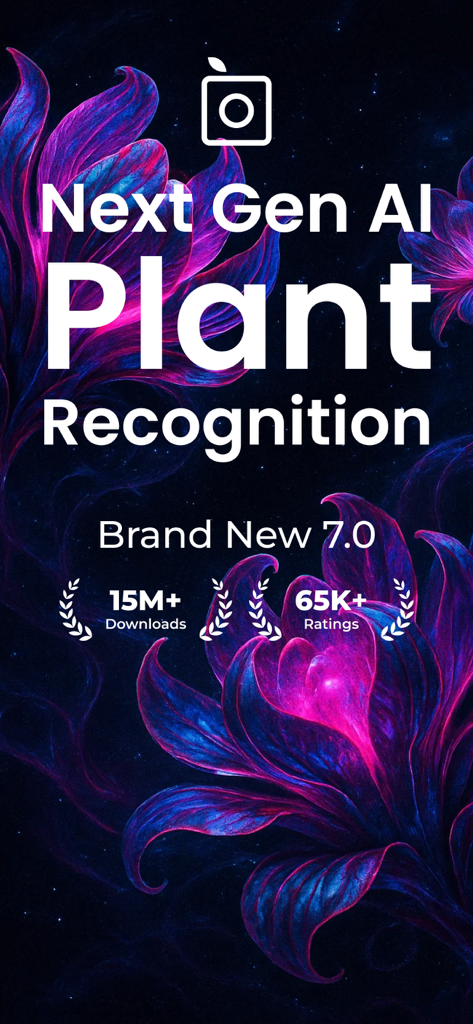 PlantSnap - Plant Scanner - Intro screen for PlantSnap app highlighting AI plant recognition with download and rating milestones