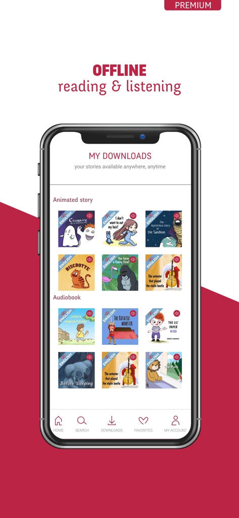 The Whisperies app interface showing the my downloads section with children's animated stories and audiobooks available for offline use