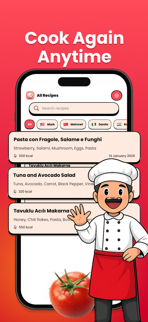 AI Recipes: Cook Ingredients - AI 레시피 앱 인터페이스에 친근한 만화 셰프와 함께 저장된 식사 목록 표시