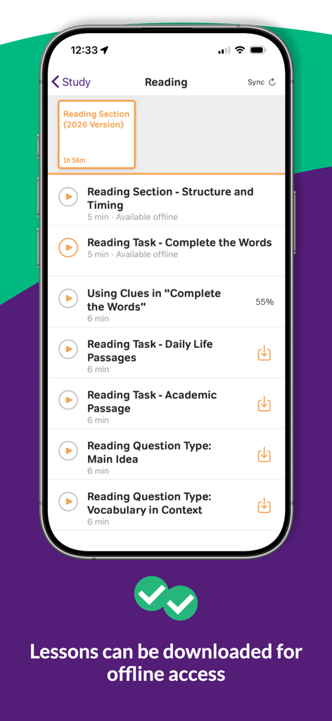 Interface of the Magoosh TOEFL prep app displaying a list of reading lessons available for offline study
