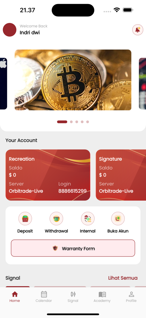 Orbi Trade App - Home screen of the Orbi Trade App showing account balances and trading utility icons