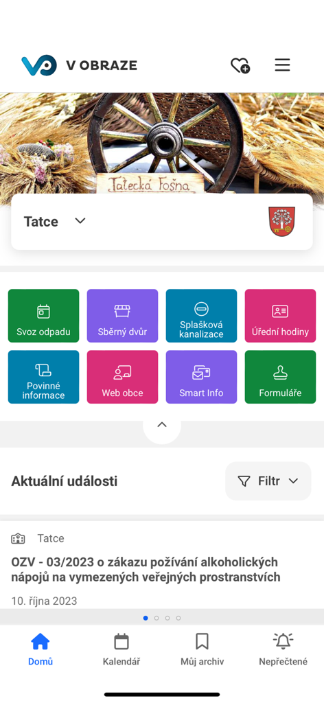 The V OBRAZE app home screen showing municipal service icons and a local news feed.