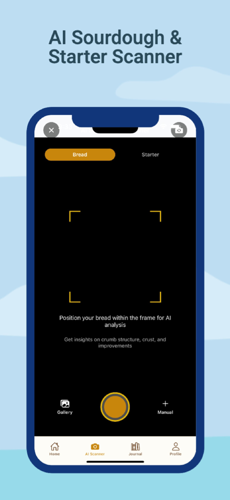 Sourdough AI - Sourdough AI 앱의 카메라 인터페이스, 빵 분석을 위한 사워도우 및 스타터 스캐너 기능 표시