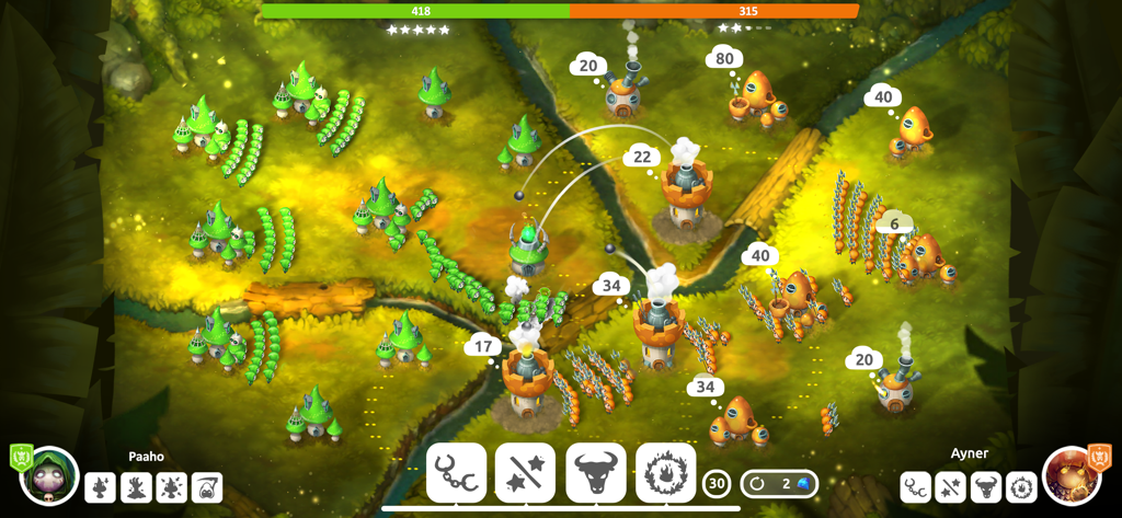 Mushroom Wars 2 real time strategy gameplay showing green and orange mushroom armies battling for base control.