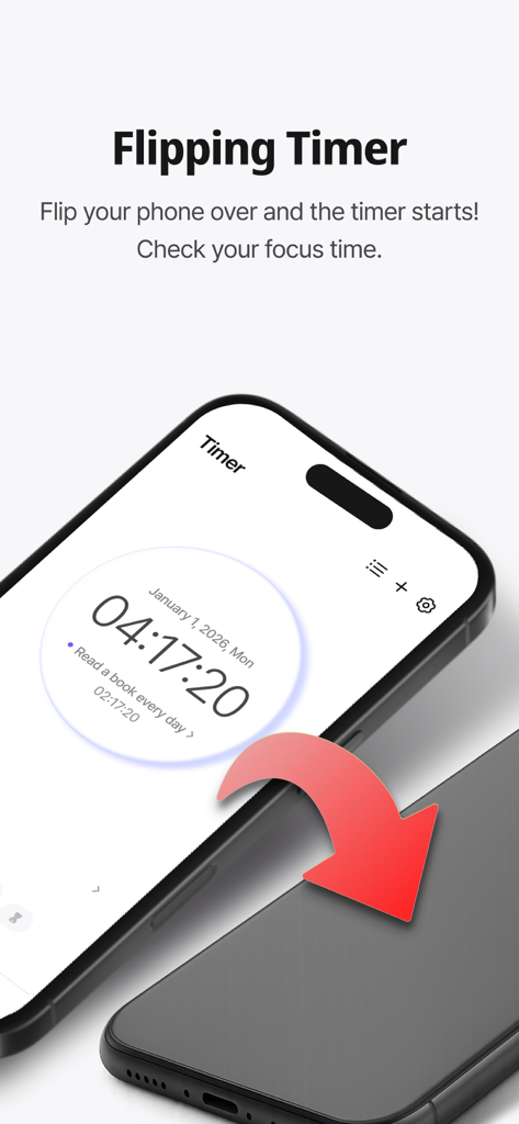 A smartphone being flipped face down to activate the focus timer feature in the Dote Timer app.