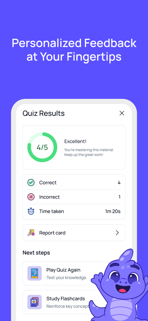 Quizgecko app screen showing quiz results with a score of 4 out of 5 and personalized feedback