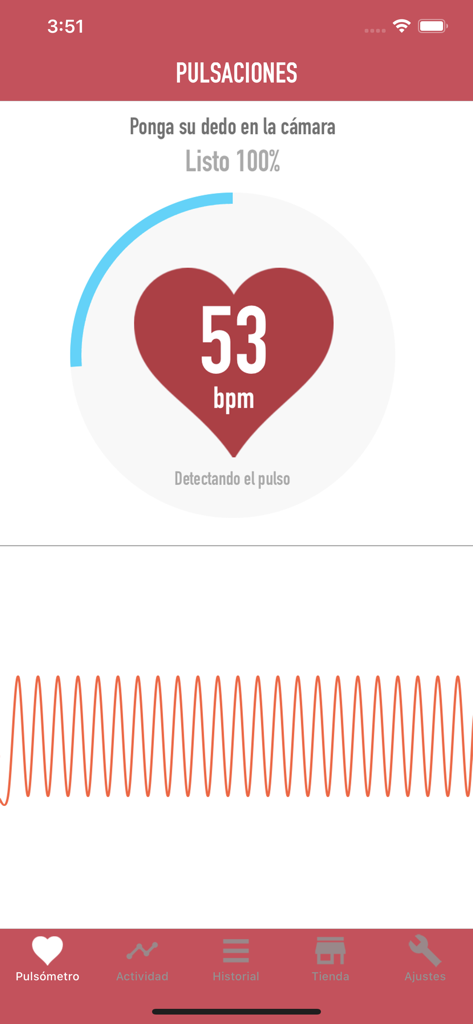 Tela do aplicativo Pulsómetro mostrando uma medição de 53 bpm com gráfico de frequência cardíaca
