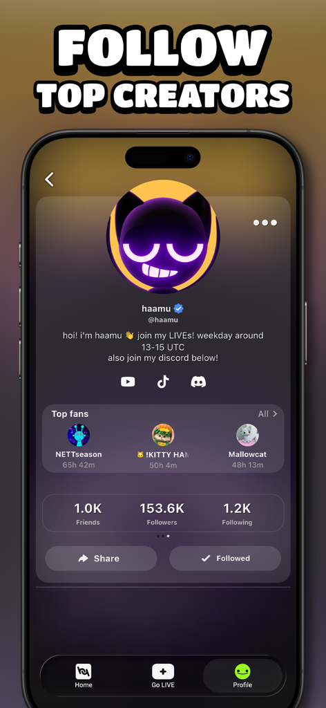 HypeHype: Play LIVE Games - A creator profile on the HypeHype app showing social links and follower statistics