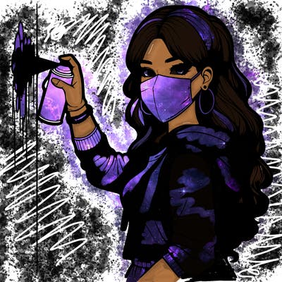 realistic girl with mask spray painting a wall