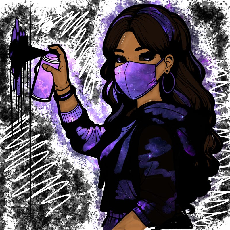 realistic girl with mask spray painting a wall