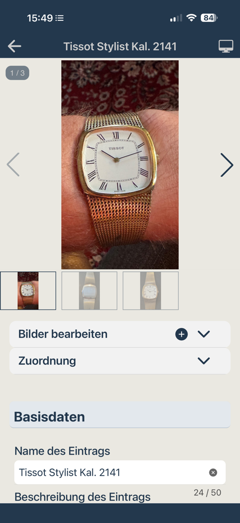 CollectAll Collections - Uma captura de tela do aplicativo CollectAll mostrando uma entrada detalhada de um relógio Tissot Stylist antigo, incluindo fotos e campos de dados.