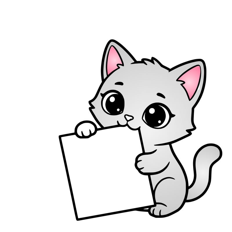 a small cat with a blank sheet of paper in its hand. the cat is sooooooo cute!