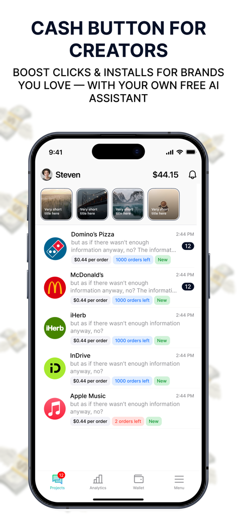 RIZZULT App-Bildschirm, der eine Liste von Markenkooperationsmöglichkeiten und Auszahlungen für Creator anzeigt.
