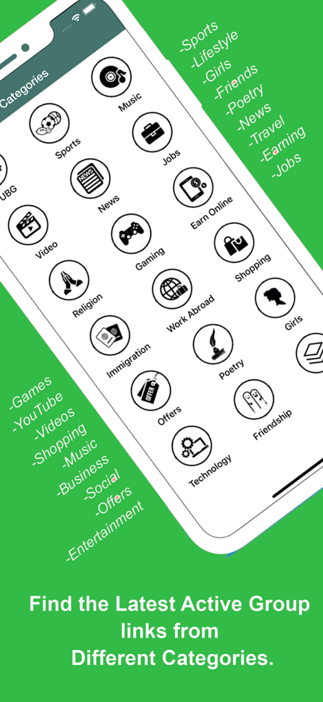 Active groups for WhatsApp - Una pantalla móvil que muestra varias categorías para encontrar enlaces de grupos activos de WhatsApp, incluidos gaming y deportes