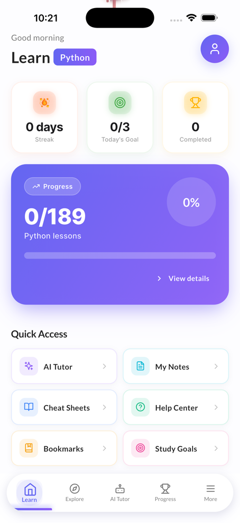 Dashboard of the Learn Python app showing lesson progress, streaks, and study tools like AI tutor and cheat sheets.