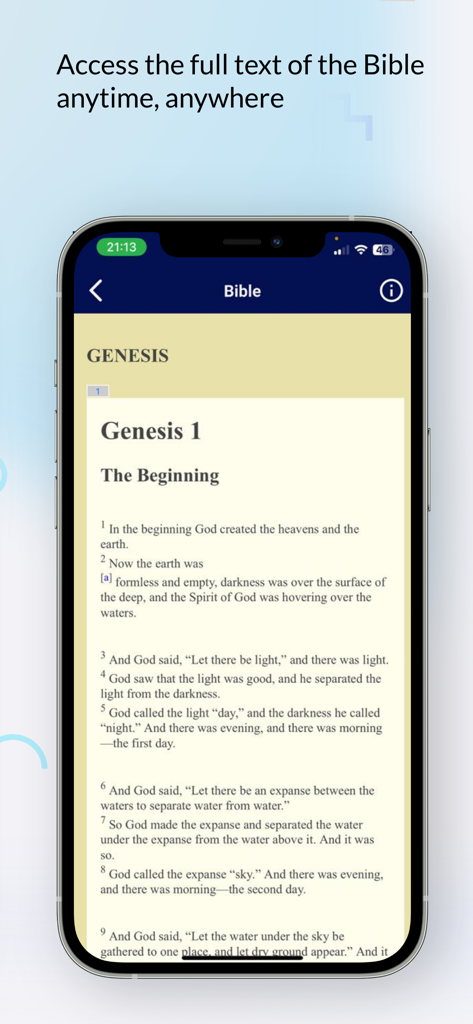 Bible NIV: with study tools - Interfaz de la aplicación Biblia NIV mostrando el texto de Génesis Capítulo Uno en un teléfono inteligente