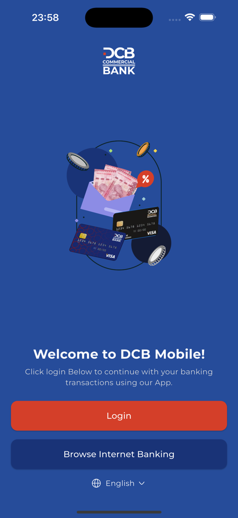 DCB Pesa Plus - Pantalla de bienvenida de la aplicación de banca móvil DCB Pesa Plus con un botón de inicio de sesión e ilustraciones de divisas y tarjetas bancarias.