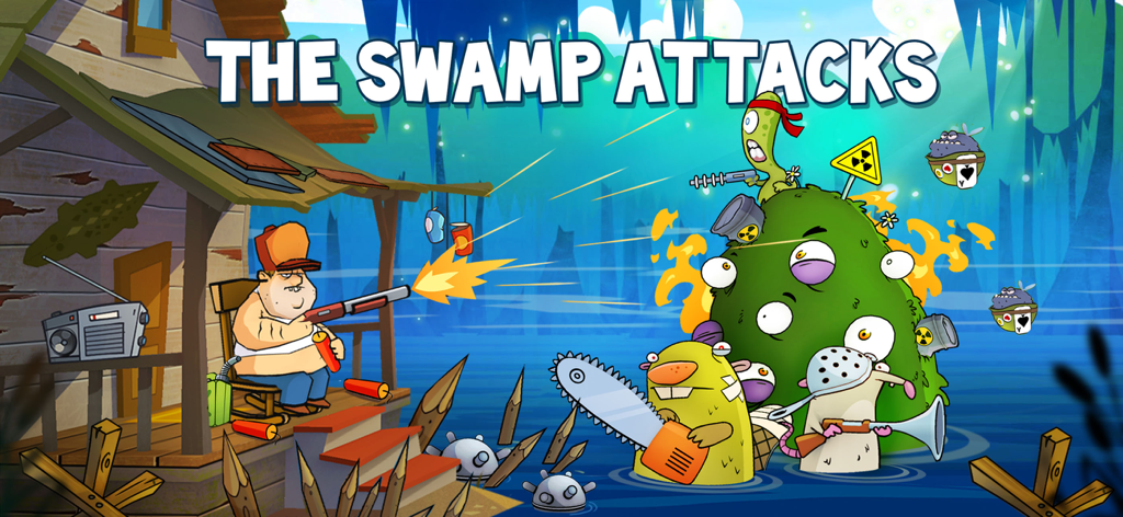 Swamp Attack - A man defending his swamp home from cartoon monsters with a shotgun