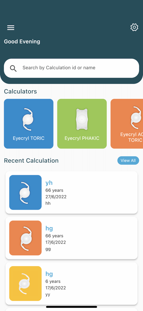 Biotech Calculators - Main dashboard of the Biotech Calculators app featuring different Eyecryl lens calculation modules and a list of recent patient entries.
