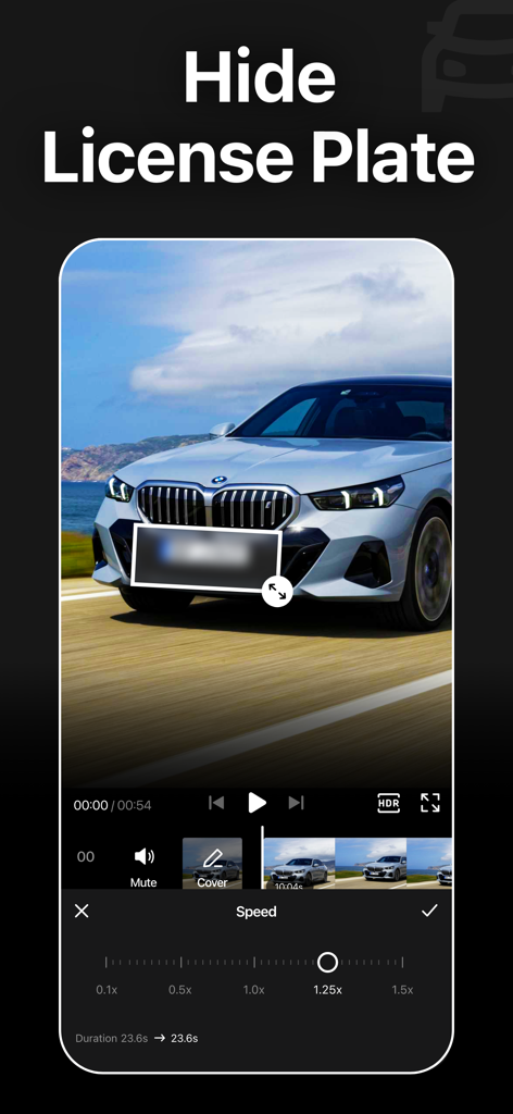 Blur Video - AI Blur Maker - Blur Video app interface showing a blurred license plate on a car with video editing tools