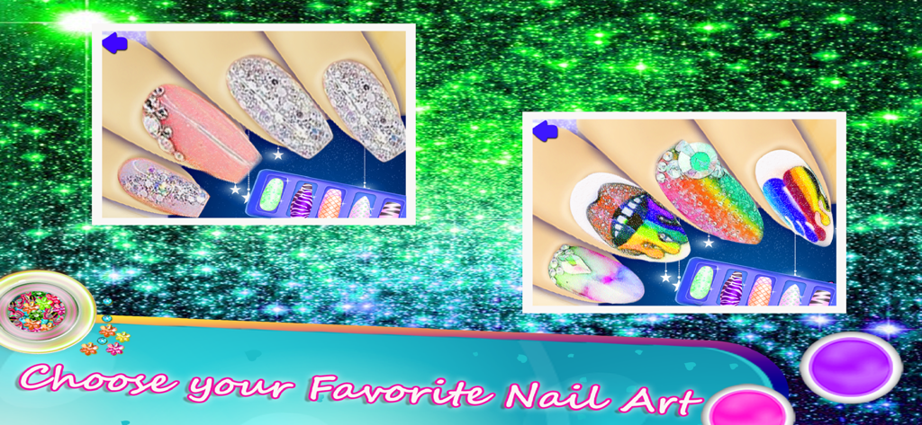 Fashion Nail Art Salon Games - Glittery and colorful nail art designs in a virtual fashion nail salon game for girls