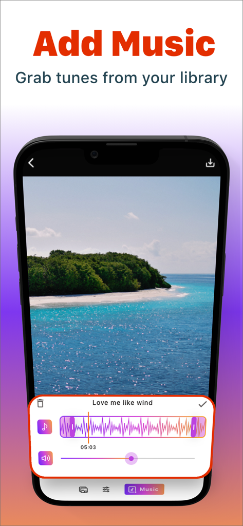 SloMo Slow Motion Video Editor - Screenshot of SloMo app interface showing the feature to add and edit music on a video