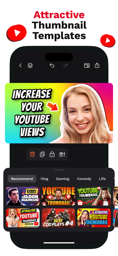 Thumbnail Maker - TubeCut - Interfaz de la aplicación TubeCut que muestra plantillas personalizables de miniaturas de YouTube para vlogs de gaming y comedia